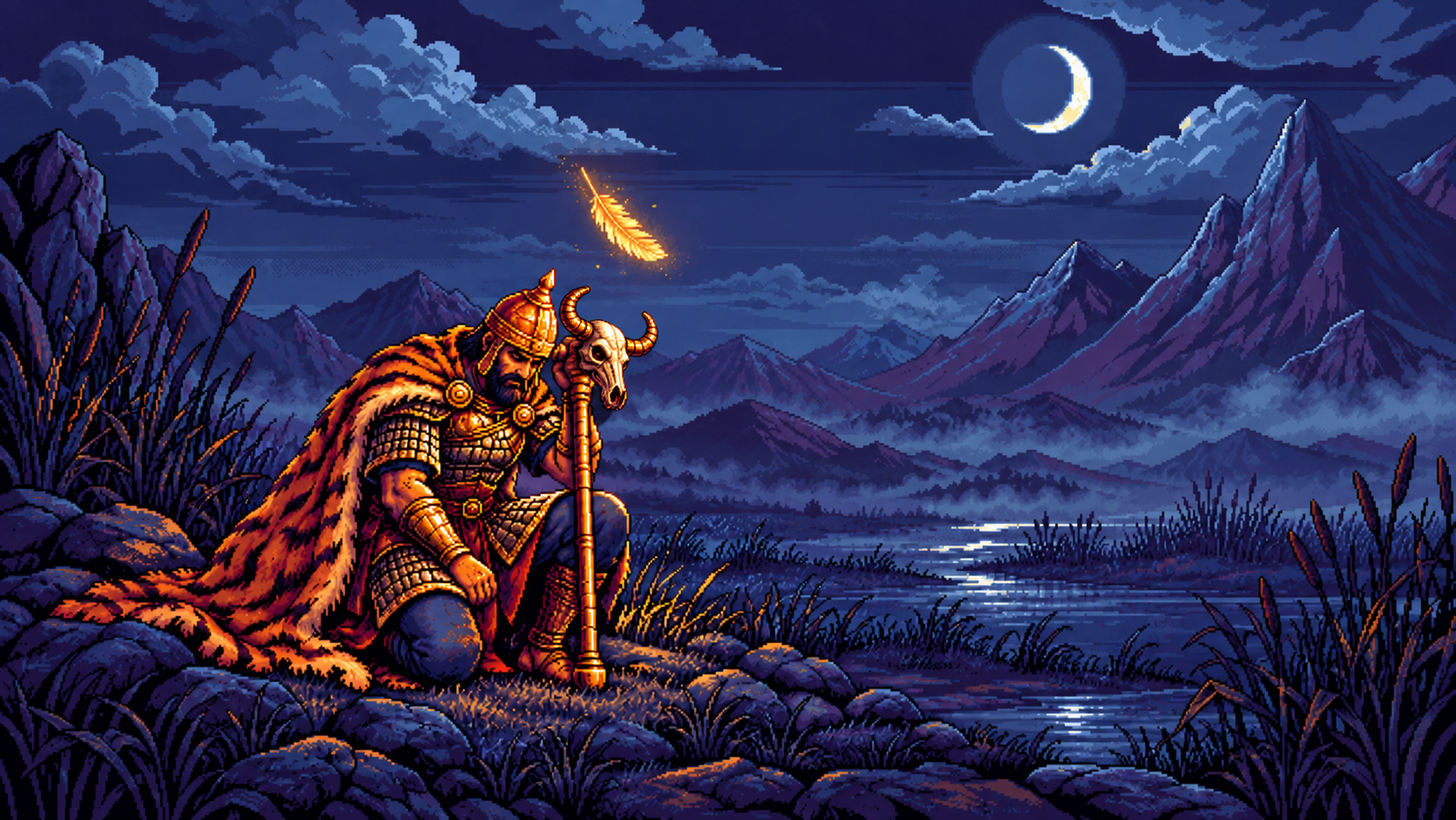 Rostam on one knee, leaning on his mace, beneath a glowing Simurgh feather