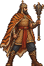 Rostam in his tiger-striped cloak, holding the ox-head mace